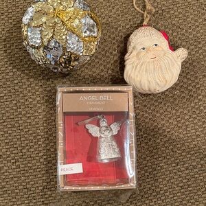 3 Christmas Tree Ornaments Angel, Santa Claus, and gold ball